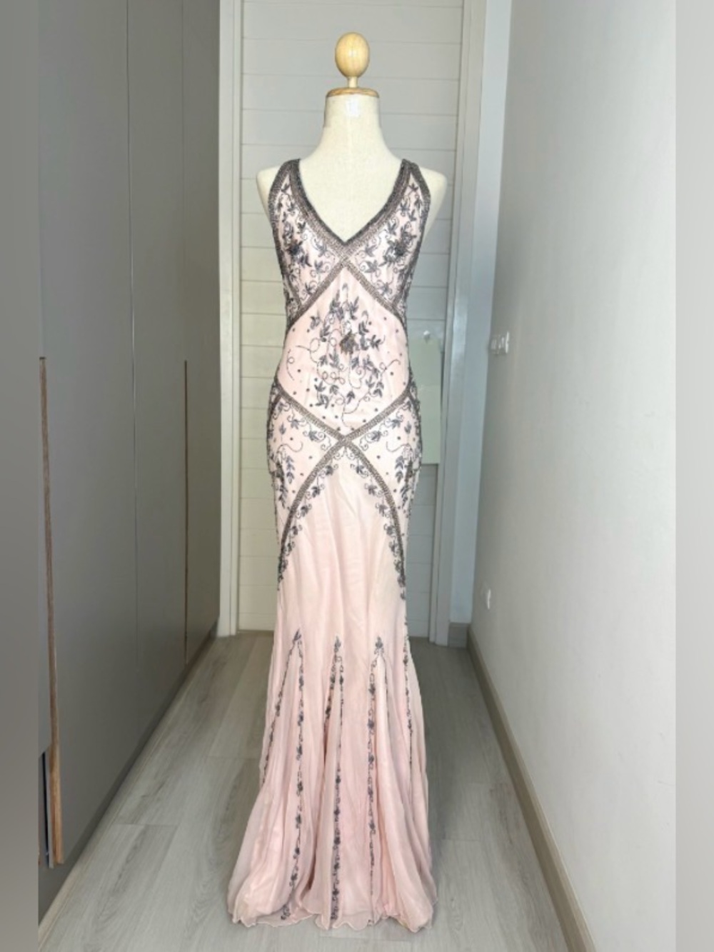 CACHE FORMAL GOWN Hand Beaded Vintage 90s/Y2K Silk Evening Gown Rose Blush SZ 0 - Picture 4 of 12